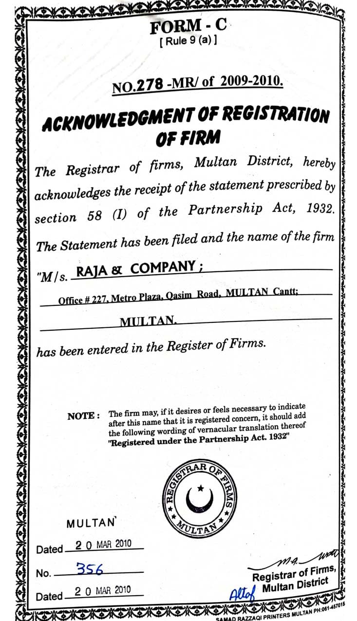 Raja and Company Firm Registration